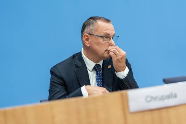 Tino Chrupalla, Federal Chairman of the AfD, during the Federal Press Conference in Berlin—a post-election analysis following the state elections in Mecklenburg-Western Pomerania and Berlin—Berlin, Germany, House of the Federal Press Conference
