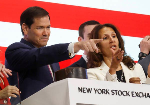 President of NYSE Group Lynn Martin accompanies United States Secretary of State Marco Rubio when he rings the opening bell at the New York Stock Exchange on Wall Street on Monday, September 21, 2026 in New York City. The NYSE welcomed officials and guests of the United States Department of State to recognize the 81st Session of the United Nations General Assembly.  NYP20260921102 JOHNxANGELILLO