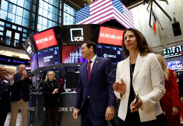 President of NYSE Group Lynn Martin accompanies United States Secretary of State Marco Rubio when he arrives on the floor of the New York Stock Exchange before ringing the opening bell on Wall Street on Monday, September 21, 2026 in New York City. The NYSE welcomed officials and guests of the United States Department of State to recognize the 81st Session of the United Nations General Assembly.  NYP20260921104 JOHNxANGELILLO