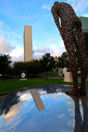 The United Nations Secretariat building reflected in a sculpture at the start of the 81st session of the United Nations General Assembly at the United Nations Headquarters on Monday, September 21, 2026 in New York City.  NYP20260921402a PETERxFOLEY