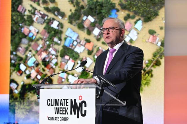 ANTHONY ALBANESE UNITED STATES VISIT, Australia™s Prime Minister Anthony Albanese speaks at the opening ceremony of the Climate Week NYC event ahead of the United Nations General Assembly in New York, Monday, September 21, 2026. ( NO ARCHIVING NEW YORK New York United States of America  Copyright: xMICKxTSIKASx 20260922188759861669
