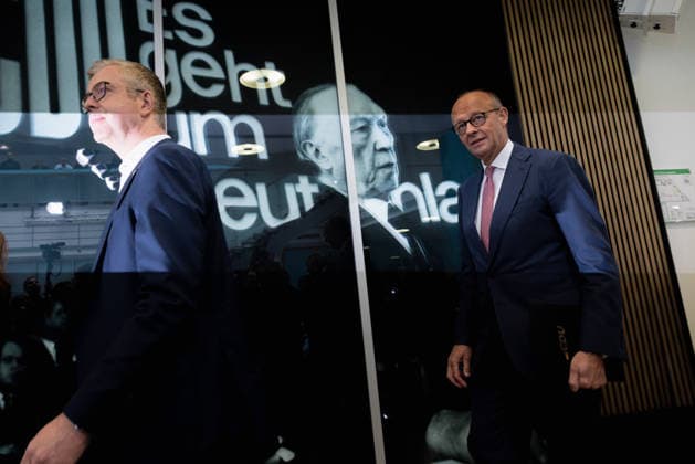 Chancellor Friedrich Merz appears before the press alongside the CDU’s top candidate for Berlin, Stefan Evers, at the Konrad Adenauer Haus Deutschland, Berlin on September 21, 2026. Chancellor Friedrich Merz speaks to the press at the Konrad Adenauer House following another historic el