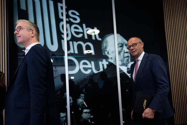 Chancellor Friedrich Merz appears before the press alongside the CDU’s top candidate for Berlin, Stefan Evers, at the Konrad Adenauer Haus Deutschland, Berlin on September 21, 2026. Chancellor Friedrich Merz speaks to the press at the Konrad Adenauer House following another historic el