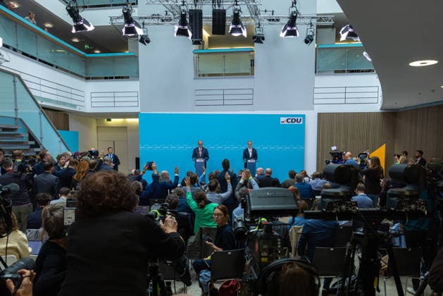 Chancellor Friedrich Merz, together with the CDU’s top candidate for Berlin, Stefan Evers, at the Konrad Adenauer Haus Deutschland in Berlin on September 21, 2026. Following another historic election defeat for the CDU in Mecklenburg-Western Pomerania and weak results in the Berlin House of Representatives election, Chancellor Friedrich M