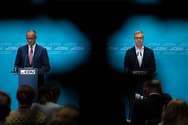 Chancellor Friedrich Merz, together with the CDU’s top candidate for Berlin, Stefan Evers, at the Konrad Adenauer Haus Deutschland in Berlin on September 21, 2026. Following another historic election defeat for the CDU in Mecklenburg-Western Pomerania and weak results in the Berlin House of Representatives election, Chancellor Friedrich M