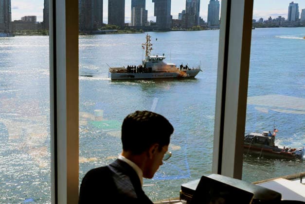 United States Coast Guard boats patrol outside the United Nations at the start of the 81st session of the UN General Assembly at the United Nations Headquarters on Monday, September 21, 2026 in New York City.  NYP20260921408 PETERxFOLEY