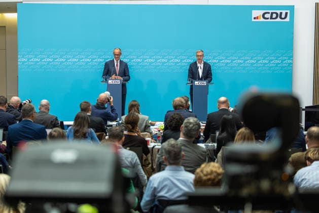 Chancellor Friedrich Merz, together with the CDU’s top candidate for Berlin, Stefan Evers, at the Konrad Adenauer Haus Deutschland in Berlin on September 21, 2026. Following another historic election defeat for the CDU in Mecklenburg-Western Pomerania and poor results in the Berlin House of Representatives election, Chancellor Friedrich M