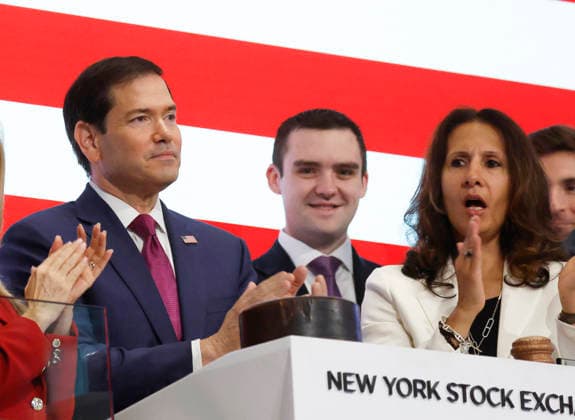 President of NYSE Group Lynn Martin accompanies United States Secretary of State Marco Rubio when he rings the opening bell at the New York Stock Exchange on Wall Street on Monday, September 21, 2026 in New York City. The NYSE welcomed officials and guests of the United States Department of State to recognize the 81st Session of the United Nations General Assembly.  NYP20260921109 JOHNxANGELILLO