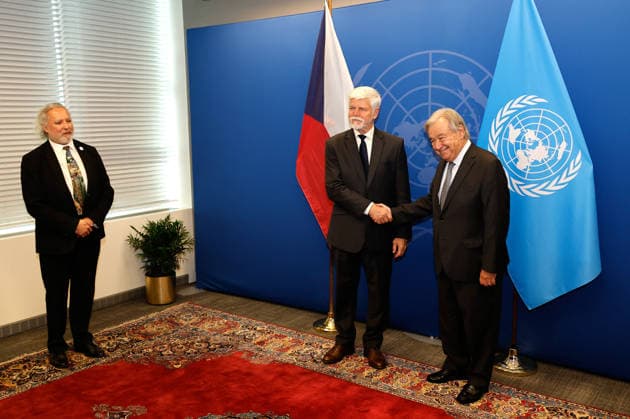 Antonio Guterres, United Nations Secretary-General, right, greets Petr Pavel, President of the Czech Republic at the start of the 81st session of the United Nations General Assembly at the United Nations Headquarters on Monday, September 21, 2026 in New York City.  NYP20260921407 PETERxFOLEY