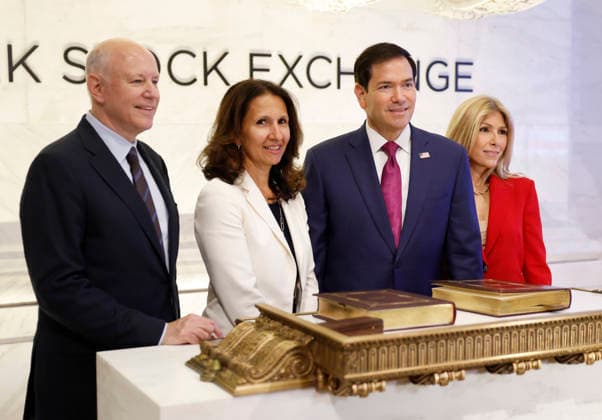 President of NYSE Group Lynn Martin accompanies United States Secretary of State Marco Rubio when he arrives on the floor of the New York Stock Exchange before ringing the opening bell on Wall Street on Monday, September 21, 2026 in New York City. The NYSE welcomed officials and guests of the United States Department of State to recognize the 81st Session of the United Nations General Assembly.  NYP20260921116 JOHNxANGELILLO