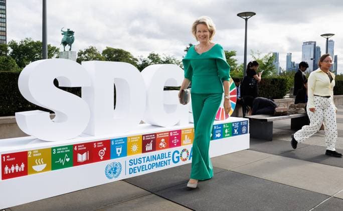Queen Mathilde of Belgium and passes by SDG logo during the 81st session of the United Nations General Assembly (UNGA81), in New York City, United States of America, Monday 21 September 2026.  BENOITxDOPPAGNE 187324712