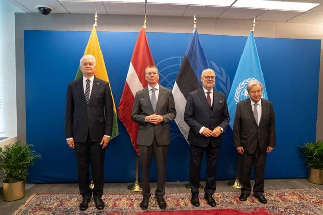 September 21, 2026, New York, New York, USA: UN Secretary-General Antonio Guterres meets with Alar Karis, President, Republic of Estonia, Edgars Rinkevics, President, Republic of Latvia and Gitanas Nauseda, President, Republic of Lithuania at UN Headquarters in New York, NY on September 21, 2026. New York USA - ZUMAr339 20260921_znp_r339_001 Copyright: xLevxRadinx
