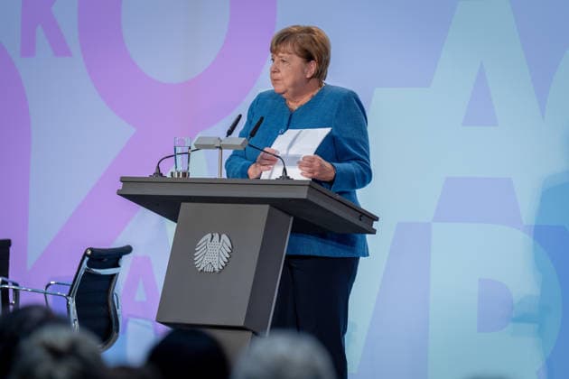 Art Exhibition, Marie Elisabeth Lüders Haus, Berlin; Former German Chancellor Angela Merkel; Art Exhibition: Kokoschka, Adenauer, Warhol, Brandt—Extraordinary Encounters Between Art and Politics; Berlin, Berlin, GER