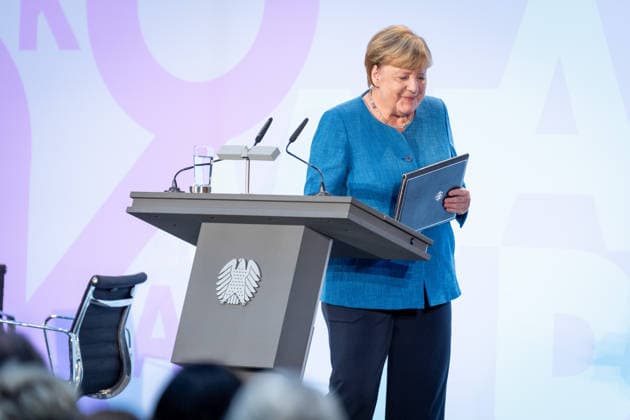 Art Exhibition, Marie Elisabeth Lüders Haus, Berlin; Former German Chancellor Angela Merkel; Art Exhibition: Kokoschka, Adenauer, Warhol, Brandt—Extraordinary Encounters Between Art and Politics; Berlin, Berlin, GER