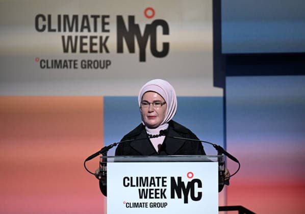 Turkish First Lady and Chair of the UN High-Level Advisory Board on Zero Waste Emine Erdogan NEW YORK, UNITED STATES - SEPTEMBER 21: Turkish First Lady and Chair of the UN High-Level Advisory Board on Zero Waste Emine Erdogan delivers a speech during the opening event of the New York Climate Week in New York, United States on September 21, 2026. Mehmet Ali Ozcan Anadolu New York United States. Editorial use only. Please get in touch for any other usage.  Copyright: x2026xAnadoluxMehmetxAlixOzcanx
