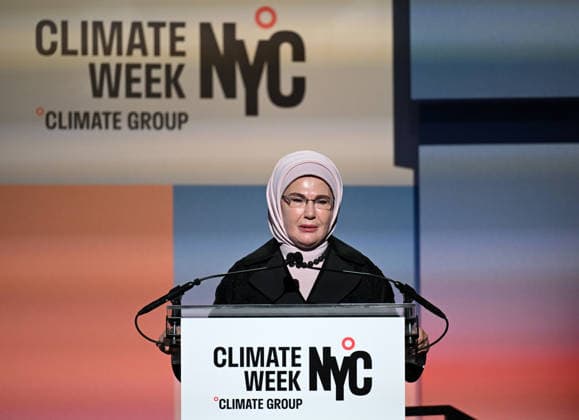 Turkish First Lady and Chair of the UN High-Level Advisory Board on Zero Waste Emine Erdogan NEW YORK, UNITED STATES - SEPTEMBER 21: Turkish First Lady and Chair of the UN High-Level Advisory Board on Zero Waste Emine Erdogan delivers a speech during the opening event of the New York Climate Week in New York, United States on September 21, 2026. Mehmet Ali Ozcan Anadolu New York United States. Editorial use only. Please get in touch for any other usage.  Copyright: x2026xAnadoluxMehmetxAlixOzcanx