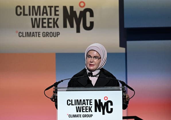 Turkish First Lady and Chair of the UN High-Level Advisory Board on Zero Waste Emine Erdogan NEW YORK, UNITED STATES - SEPTEMBER 21: Turkish First Lady and Chair of the UN High-Level Advisory Board on Zero Waste Emine Erdogan delivers a speech during the opening event of the New York Climate Week in New York, United States on September 21, 2026. Mehmet Ali Ozcan Anadolu New York United States. Editorial use only. Please get in touch for any other usage.  Copyright: x2026xAnadoluxMehmetxAlixOzcanx