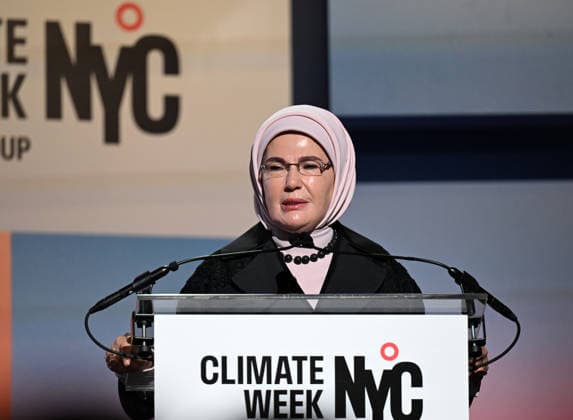 Turkish First Lady and Chair of the UN High-Level Advisory Board on Zero Waste Emine Erdogan NEW YORK, UNITED STATES - SEPTEMBER 21: Turkish First Lady and Chair of the UN High-Level Advisory Board on Zero Waste Emine Erdogan delivers a speech during the opening event of the New York Climate Week in New York, United States on September 21, 2026. Mehmet Ali Ozcan Anadolu New York United States. Editorial use only. Please get in touch for any other usage.  Copyright: x2026xAnadoluxMehmetxAlixOzcanx