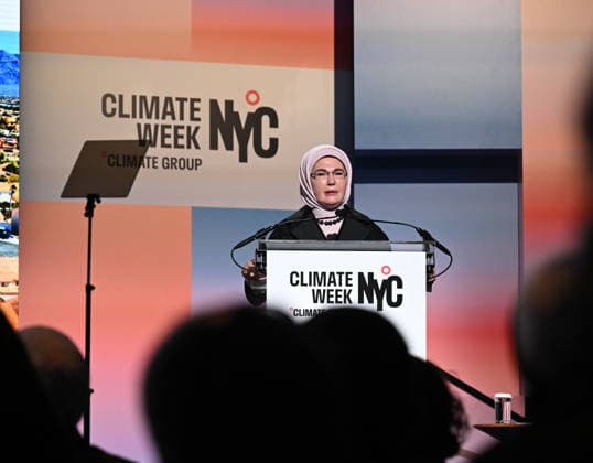 Turkish First Lady and Chair of the UN High-Level Advisory Board on Zero Waste Emine Erdogan NEW YORK, UNITED STATES - SEPTEMBER 21: Turkish First Lady and Chair of the UN High-Level Advisory Board on Zero Waste Emine Erdogan delivers a speech during the opening event of the New York Climate Week in New York, United States on September 21, 2026. Mehmet Ali Ozcan Anadolu New York United States. Editorial use only. Please get in touch for any other usage.  Copyright: x2026xAnadoluxMehmetxAlixOzcanx