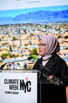 Turkish First Lady and Chair of the UN High-Level Advisory Board on Zero Waste Emine Erdogan NEW YORK, UNITED STATES - SEPTEMBER 21: Turkish First Lady and Chair of the UN High-Level Advisory Board on Zero Waste Emine Erdogan delivers a speech during the opening event of the New York Climate Week in New York, United States on September 21, 2026. Mehmet Ali Ozcan Anadolu New York United States. Editorial use only. Please get in touch for any other usage.  Copyright: x2026xAnadoluxMehmetxAlixOzcanx