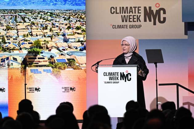 Turkish First Lady and Chair of the UN High-Level Advisory Board on Zero Waste Emine Erdogan NEW YORK, UNITED STATES - SEPTEMBER 21: Turkish First Lady and Chair of the UN High-Level Advisory Board on Zero Waste Emine Erdogan delivers a speech during the opening event of the New York Climate Week in New York, United States on September 21, 2026. Mehmet Ali Ozcan Anadolu New York United States. Editorial use only. Please get in touch for any other usage.  Copyright: x2026xAnadoluxMehmetxAlixOzcanx