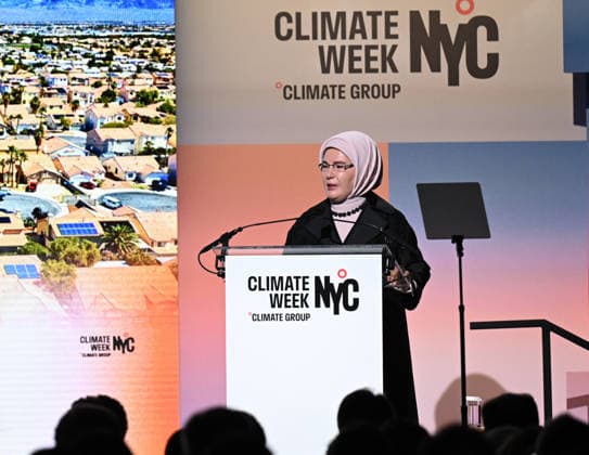 Turkish First Lady and Chair of the UN High-Level Advisory Board on Zero Waste Emine Erdogan NEW YORK, UNITED STATES - SEPTEMBER 21: Turkish First Lady and Chair of the UN High-Level Advisory Board on Zero Waste Emine Erdogan delivers a speech during the opening event of the New York Climate Week in New York, United States on September 21, 2026. Mehmet Ali Ozcan Anadolu New York United States. Editorial use only. Please get in touch for any other usage.  Copyright: x2026xAnadoluxMehmetxAlixOzcanx
