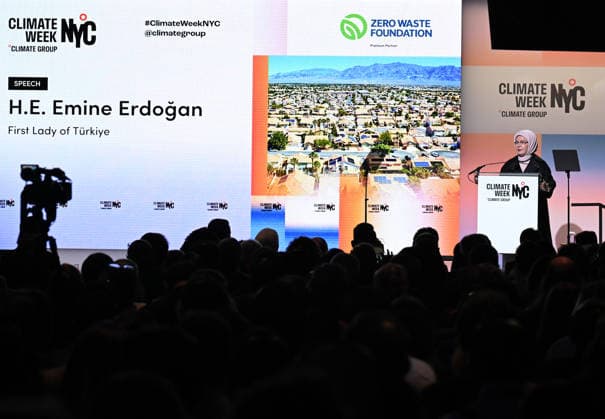 Turkish First Lady and Chair of the UN High-Level Advisory Board on Zero Waste Emine Erdogan NEW YORK, UNITED STATES - SEPTEMBER 21: Turkish First Lady and Chair of the UN High-Level Advisory Board on Zero Waste Emine Erdogan delivers a speech during the opening event of the New York Climate Week in New York, United States on September 21, 2026. Mehmet Ali Ozcan Anadolu New York United States. Editorial use only. Please get in touch for any other usage.  Copyright: x2026xAnadoluxMehmetxAlixOzcanx