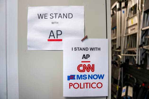 Signs supporting CNN, Politico and MSNOW is seen in James S. Brady Press Briefing Room at the White House in Washington, DC on Monday, September. 21, 2026. The three outlets announced Monday they will sue to maintain their ability to enter the White House grounds days after President Donald Trump revoked their access.  WAP20260921304 BONNIExCASH