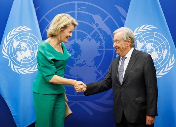 UN Secretary-General Antonio Guterres and Queen Mathilde of Belgium pictured during the 81st session of the United Nations General Assembly (UNGA81), in New York City, United States of America, Monday 21 September 2026.  BENOITxDOPPAGNE 187331234
