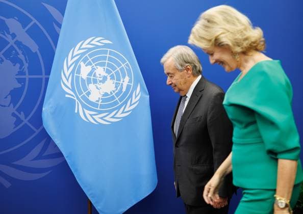 UN Secretary-General Antonio Guterres and Queen Mathilde of Belgium pictured during the 81st session of the United Nations General Assembly (UNGA81), in New York City, United States of America, Monday 21 September 2026.  BENOITxDOPPAGNE 187332152