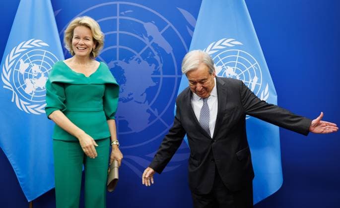 UN Secretary-General Antonio Guterres and Queen Mathilde of Belgium pictured during the 81st session of the United Nations General Assembly (UNGA81), in New York City, United States of America, Monday 21 September 2026.  BENOITxDOPPAGNE 187331959