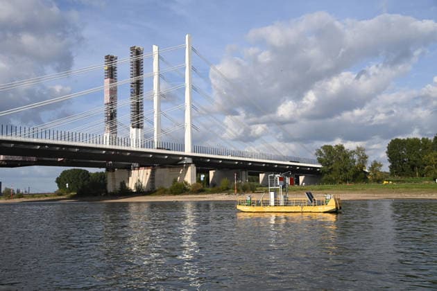 The construction site of the Neuenkamp Rhine Bridge near Duisburg, on the right bank of the Rhine; the A 40 highway bridge over the Rhine, a new construction, on September 21, 2026, in Duisburg, Germany
