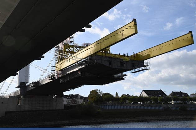 The construction site of the Neuenkamp Rhine Bridge near Duisburg, on the left bank of the Rhine; the A 40 highway bridge over the Rhine, a new construction, on September 21, 2026, in Duisburg, Germany