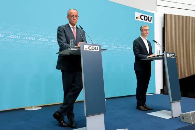 Friedrich Merz, Federal Chancellor, CDU; Stefan Evers, CDU’s lead candidate for the Berlin House of Representatives election; press conference on the Berlin election results; Berlin, September 21, 2026