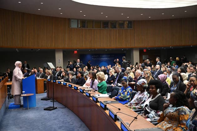 First Lady Emine Erdogan attends UN panel on safe digital systems for children NEW YORK, UNITED STATES - SEPTEMBER 21: First Lady of Turkiye and Chair of the UN High-Level Advisory Board on Zero Waste Emine Erdogan makes a speech during the high-level panel discussion titled Invisible Architecture: Building Safe Digital Systems for Children – Promoting International Standards and Shared Responsibility held on the sidelines of the 81st United Nations General Assembly (UNGA) in New York, United States on September 21, 2026. Mehmet Ali Ozcan Anadolu New York United States. Editorial use only. Please get in touch for any other usage.  Copyright: x2026xAnadoluxMehmetxAlixOzcanx
