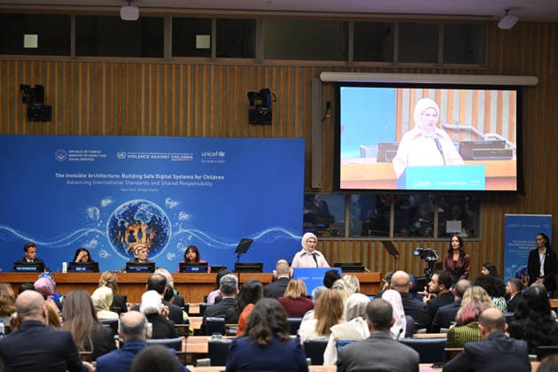 First Lady Emine Erdogan attends UN panel on safe digital systems for children NEW YORK, UNITED STATES - SEPTEMBER 21: First Lady of Turkiye and Chair of the UN High-Level Advisory Board on Zero Waste Emine Erdogan makes a speech during the high-level panel discussion titled Invisible Architecture: Building Safe Digital Systems for Children – Promoting International Standards and Shared Responsibility held on the sidelines of the 81st United Nations General Assembly (UNGA) in New York, United States on September 21, 2026. Mehmet Ali Ozcan Anadolu New York United States. Editorial use only. Please get in touch for any other usage.  Copyright: x2026xAnadoluxMehmetxAlixOzcanx