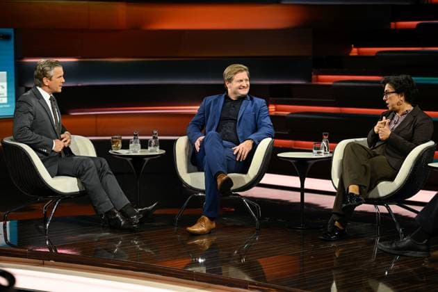 Talk show hosted by Markus Lanz, ZDF, September 26, featuring Markus Lanz, Michael Bröcker, and Mariam Lau (from left to right) on September 20, 2026, on *Markus Lanz*, ZDF TV, talk show, Germany, German,