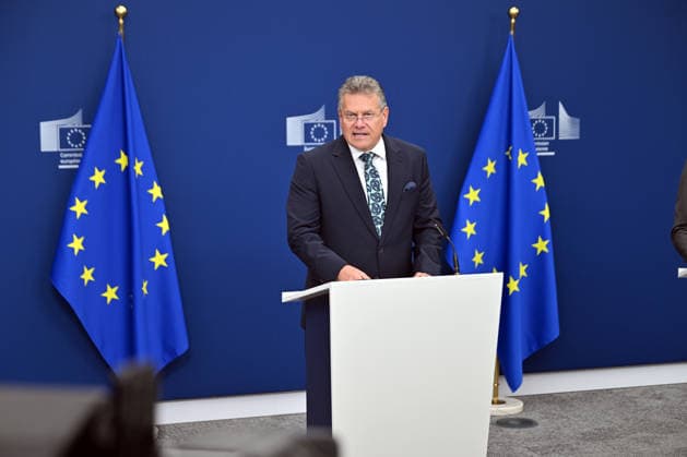EU Commissioner Maros Sefcovic holds press conference in Brussels BRUSSELS, BELGIUM - SEPTEMBER 22: European Commissioner for Trade and Economic Security Maros Sefcovic holds a press conference on September 22, 2026 in Brussels, Belgium. Dursun Aydemir Anadolu Brussels Belgium. Editorial use only. Please get in touch for any other usage.  Copyright: x2026xAnadoluxDursunxAydemirx