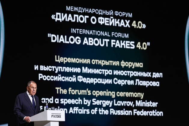 RUSSIA, MOSCOW - SEPTEMBER 22, 2026: Russia’s Minister of Foreign Affairs Sergei Lavrov speaks at the opening ceremony of the 4th International Forum Dialog about Fakes 4.0 held at the National Centre RUSSIA. Sergei Bulkin TASS  98131053