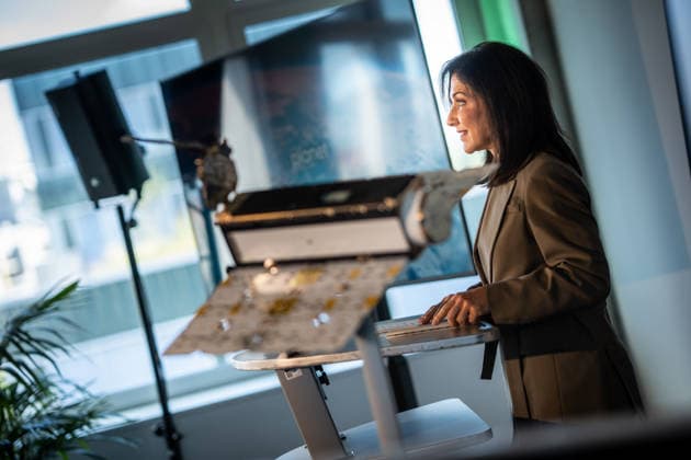 Katherina Reiche, German Federal Minister for Economic Affairs and Energy, delivers a welcoming address at the opening of the satellite production facility in Berlin: Planet Labs Germany GmbH, Berlin, Germany, Friedrich-Krause-Ufer 17a