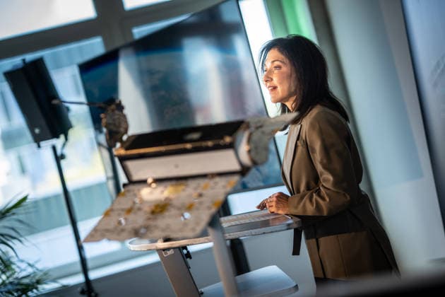 Katherina Reiche, German Federal Minister for Economic Affairs and Energy, delivers a welcoming address at the opening of the satellite production facility in Berlin: Planet Labs Germany GmbH, Berlin, Germany, Friedrich-Krause-Ufer 17a