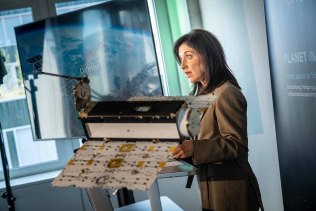 Katherina Reiche, German Federal Minister for Economic Affairs and Energy, delivers a welcoming address at the opening of the satellite production facility in Berlin: Planet Labs Germany GmbH, Berlin, Germany, Friedrich-Krause-Ufer 17a