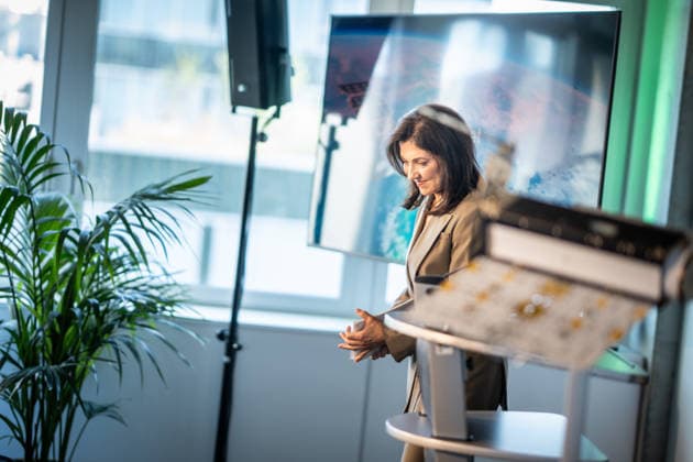 Katherina Reiche, German Federal Minister for Economic Affairs and Energy, delivers a welcoming address at the opening of the satellite production facility in Berlin: Planet Labs Germany GmbH, Berlin, Germany, Friedrich-Krause-Ufer 17a