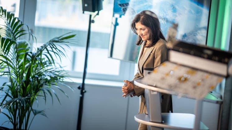 Katherina Reiche, German Federal Minister for Economic Affairs and Energy, delivers a welcoming address at the opening of the satellite production facility in Berlin: Planet Labs Germany GmbH, Berlin, Germany, Friedrich-Krause-Ufer 17a