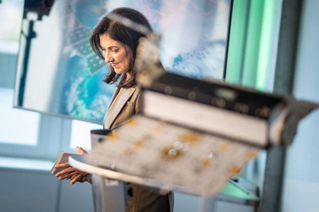 Katherina Reiche, German Federal Minister for Economic Affairs and Energy, delivers a welcoming address at the opening of the satellite production facility in Berlin: Planet Labs Germany GmbH, Berlin, Germany, Friedrich-Krause-Ufer 17a
