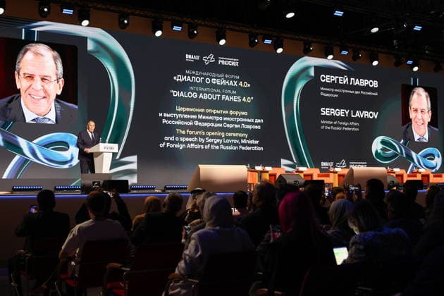 RUSSIA, MOSCOW - SEPTEMBER 22, 2026: Russia’s Minister of Foreign Affairs Sergei Lavrov speaks at the opening ceremony of the 4th International Forum Dialog about Fakes 4.0 held at the National Centre RUSSIA. Sergei Bulkin TASS  98131978