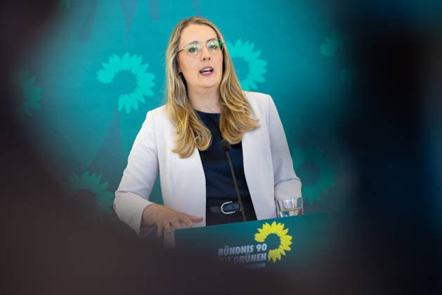 Press Statement by the Alliance 90 The Greens Parliamentary Caucus in the German Bundestag, Berlin, September 22, 2026. Caucus Chairwoman Katharina Dröge, Member of the Bundestag, speaks to the press and journalists on the caucus level of the Bundestag.