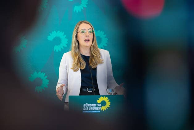 Press Statement by the Alliance 90 The Greens Parliamentary Caucus in the German Bundestag, Berlin, September 22, 2026. Caucus Chairwoman Katharina Dröge, Member of the Bundestag, speaks to the press and journalists on the caucus level of the Bundestag.