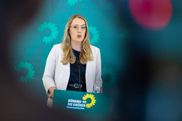 Press Statement by the Alliance 90 The Greens Parliamentary Caucus in the German Bundestag, Berlin, September 22, 2026. Caucus Chairwoman Katharina Dröge, Member of the Bundestag, speaks to the press and journalists on the caucus level of the Bundestag.