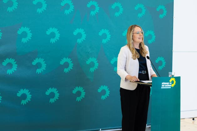 Press Statement by the Alliance 90 The Greens Parliamentary Caucus in the German Bundestag, Berlin, September 22, 2026. Caucus Chairwoman Katharina Dröge, Member of the Bundestag, speaks to the press and journalists on the caucus level of the Bundestag.